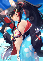 Rule 34 | 1girl, ;p, absurdres, animal ear fluff, animal ears, bikini, bikini under clothes, black choker, black hair, black jacket, blue sky, blush, breasts, brown eyes, choker, closed mouth, cloud, commentary request, day, dutch angle, finger on trigger, from side, front-tie bikini top, front-tie top, hair ornament, hair ribbon, hairclip, highres, holding, holding swim ring, holding water gun, hololive, innertube, jacket, leaf print, lens flare, long hair, long sleeves, looking at viewer, looking to the side, maple leaf print, medium breasts, multicolored hair, navel, one eye closed, ookami mio, ookami mio (hololive summer 2019), open clothes, open jacket, outdoors, ponytail, red hair, red jacket, red ribbon, ribbon, shikinagi, shorts, sidelocks, sky, smile, solo, standing, stomach, streaked hair, string bikini, swim ring, swimsuit, tail, tongue, tongue out, virtual youtuber, water drop, water gun, wet, white bikini, white ribbon, wolf ears, wolf girl, wolf tail, zipper