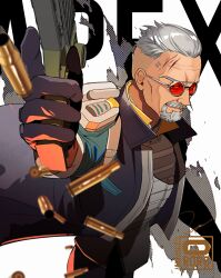 Rule 34 | 1boy, apex legends, artist logo, ballistic (apex legends), beard, black coat, black gloves, bullet, cheekbones, closed mouth, coat, facial hair, from side, gloves, grey-framed eyewear, grey facial hair, grey hair, gun, handgun, highres, holding, holding gun, holding weapon, looking at viewer, looking to the side, male focus, old, old man, ororooops, red-tinted eyewear, round eyewear, short hair, solo, tinted eyewear, weapon, white background