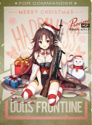 Rule 34 | 1girl, battle rifle, bell, black skirt, blush, bow, bra, breasts, brown hair, candy, candy cane, christmas, commentary request, food, full body, gift, girls&#039; frontline, gun, hair ornament, hat, long hair, looking at viewer, m21, m21 (girls&#039; frontline), m21 (xmas at home) (girls&#039; frontline), match grade firearm, match grade rifle, medium breasts, midriff, multicolored hair, official alternate costume, official art, red eyes, red hair, ribbon, rifle, santa hat, scope, skirt, sniper rifle, snowman, solo, striped clothes, striped ribbon, striped thighhighs, thighhighs, underwear, weapon