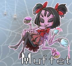 Rule 34 | arthropod girl, black eyes, black hair, bow, bug, chamaji, character name, colored skin, commentary request, cup, cupcake, doughnut, dress, extra arms, extra eyes, fangs, food, hair bow, hand on own face, hand on own knee, high heels, crossed legs, looking at viewer, monster girl, muffet, pouring, purple skin, reclining, saucer, short hair, silk, solo, spider, spider web, spider web print, teacup, teapot, text focus, two side up, undertale, vest