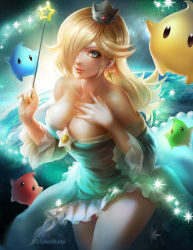 Rule 34 | 1girl, artist name, bad id, bad tumblr id, bare shoulders, blonde hair, blue dress, blue eyes, breasts, cleavage, crown, curvy, dress, earrings, earth (planet), frilled dress, frills, hair over one eye, hand on own chest, jewelry, large breasts, lips, long hair, looking at viewer, luma (mario), mario (series), neck, nintendo, parted lips, planet, rosalina, shiny skin, smile, solarblade, solo, space, sparkle, standing, star (symbol), star earrings, strapless, strapless dress, super mario galaxy, thighs, vengarlsolarblade, wand, wide hips