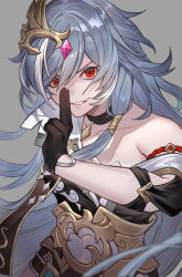 Rule 34 | 1girl, absurdres, asymmetrical sleeves, black gloves, chinese clothes, fu hua, fu hua (herrscher of sentience), gloves, grey background, grey hair, grin, hair between eyes, hair ornament, highres, honkai (series), honkai impact 3rd, long hair, looking at viewer, multicolored hair, open mouth, red eyes, simple background, sin (btc86amme), smile, solo, streaked hair, teeth, uneven sleeves, v-shaped eyebrows