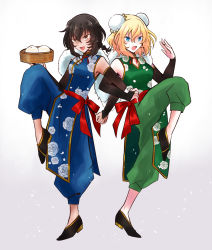 Rule 34 | 2girls, alternate hairstyle, andou (girls und panzer), bamboo steamer, baozi, black footwear, black hair, blonde hair, blue dress, blue eyes, blue pants, bridal gauntlets, brown eyes, bun cover, china dress, chinese clothes, commentary, dark-skinned female, dark skin, double bun, dress, elbow gloves, fighting stance, flats, floral print, food, frown, fur scarf, girls und panzer, girls und panzer senshadou daisakusen!, gloves, green dress, green pants, hair bun, hair tie, half gloves, highres, leg up, looking at viewer, medium hair, messy hair, mimoe, multiple girls, open mouth, oshida (girls und panzer), pants, pants under dress, pelvic curtain, print dress, red sash, sash, short ponytail, side-by-side, sleeveless, sleeveless dress, smile, standing, standing on one leg