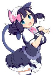 Rule 34 | 1girl, animal ear fluff, animal ears, aqua eyes, blush, bow, cat ears, cat tail, curly hair, cyan (show by rock!!), dress, fang, frilled bracelet, frilled shirt collar, frilled skirt, frilled sleeves, frills, hair ornament, looking at viewer, maid headdress, open mouth, paw pose, purple dress, purple hair, ringlets, show by rock!!, simple background, skirt, smile, solo, tail, thighhighs, tottotonero