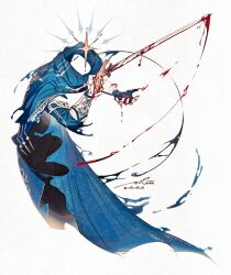 Rule 34 | 1boy, a knight (reverse:1999), armor, artist name, blood, blood on clothes, blood splatter, blue cape, cape, gauntlets, gloves, highres, holding, holding sword, holding weapon, invisible, male focus, okiii, ornate armor, reverse:1999, simple background, solo, sword, weapon, white background