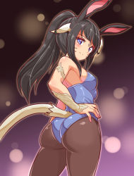 Rule 34 | 1girl, animal ears, ass, bare shoulders, black hair, blush, breasts, cougar (cougar1404), from behind, horns, huge ass, leotard, long hair, medium breasts, pantyhose, ponytail, purple eyes, rabbit ears, shiny clothes, shiny skin, sideboob, smile, solo, tail, thick thighs, thighs, very long hair, wedgie