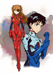 Rule 34 | 1boy, 1girl, black hair, bodysuit, breasts, brown hair, curvy, full body, hair ornament, highres, ikari shinji, interface headset, long hair, looking at another, neon genesis evangelion, plugsuit, red bodysuit, shiny clothes, short hair, simple background, skin tight, small breasts, souryuu asuka langley, two side up, yippeekiy