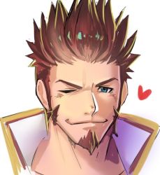 Rule 34 | 1boy, blue eyes, blush, brown hair, collar, facial hair, fate/grand order, fate (series), goatee, heart, long sideburns, looking at viewer, male focus, manly, napoleon bonaparte (fate), one eye closed, portrait, short hair, sideburns, sketch, solo, spiked hair, uniform, upper body, waku (ayamix)