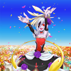 Rule 34 | 1girl, :d, beatrice (wild arms), choker, colored skin, dress, feathers, flower, garden, heterochromia, kudou (wil0830s), long hair, open mouth, petals, purple skin, red eyes, smile, solo, white hair, wil0830s, wild arms, wild arms 3, yellow eyes
