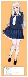 Rule 34 | 1girl, arm up, blue shirt, blue skirt, breasts, character profile, full body, hayama kazusa, highres, large breasts, loafers, long hair, long sleeves, looking at viewer, neckerchief, original, pantyhose, pleated skirt, school uniform, serafuku, shindan maker, shirt, shoes, sidelocks, silver hair, simple background, skirt, skirt hold, smile, solo, standing, white pantyhose, yellow background, yellow eyes