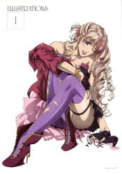 Rule 34 | 10s, 1girl, :p, ;p, absurdres, ankle boots, asymmetrical clothes, asymmetrical legwear, blonde hair, blue eyes, blush, boots, breasts, cleavage, drill hair, earrings, high heels, highres, jewelry, long hair, macross, macross frontier, macross frontier: sayonara no tsubasa, marufuji hirotaka, mismatched legwear, nail polish, official art, one eye closed, pantyhose, purple thighhighs, scan, sheryl nome, shoes, single earring, sitting, solo, thighhighs, tongue, tongue out, torn clothes, torn legwear, wink