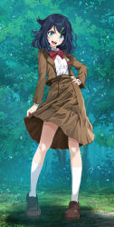 1girl :d black_hair blazer blue_eyes bow bowtie brown_footwear brown_jacket brown_skirt collared_shirt creatures_(company) day dress_shirt forest full_body game_freak hair_ornament hairclip highres indigo_academy_school_uniform jacket kneehighs liko_(pokemon) loafers long_hair long_sleeves medium_skirt nature nintendo official_alternate_costume open_clothes open_jacket open_mouth outdoors pokemon pokemon_(anime) pokemon_horizons red_bow red_bowtie school_uniform shirt shoes skirt smile socks solo swept_bangs tsukishiro_saika white_shirt white_socks wing_collar