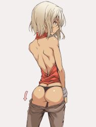 Rule 34 | 1girl, 428, arrow (symbol), ass, back, backless outfit, bare back, bare shoulders, black panties, brown hair, canaan (character), canaan (series), clothes pull, dark-skinned female, dark skin, from behind, grey background, oteruko (wanabeee), panties, pants, pants pull, profile, short hair, silver hair, simple background, solo, sweatdrop, thong, underwear, undressing, white background