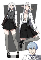 1boy 1girl alternate_costume alternate_hairstyle argyle_clothes argyle_necktie bag black_footwear black_skirt blue_hair border breasts cloak commentary contemporary elf frieren furrowed_brow grey_background grey_necktie grey_thighhighs grey_vest hair_down heart high_heels highres himmel_(sousou_no_frieren) kekel long_pointy_ears long_sleeves looking_at_viewer loose_necktie mary_janes multiple_views necktie parted_bangs partially_unbuttoned platform_footwear platform_heels pleated_skirt pointy_ears puckered_lips shirt shoes shoulder_bag skirt small_breasts sousou_no_frieren standing standing_on_one_leg thighhighs twintails vest white_border white_cloak white_hair white_shirt zettai_ryouiki