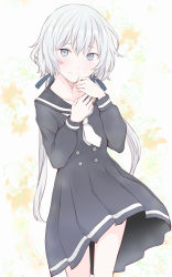 Rule 34 | 10s, 1girl, black dress, black sailor collar, blue eyes, dress, highres, konno junko, long hair, looking at viewer, low twintails, pleated dress, sailor collar, sailor dress, school uniform, shichouson, silver hair, smile, solo, standing, twintails, zombie land saga