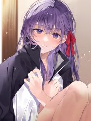 Rule 34 | 1girl, black jacket, blush, borrowed clothes, commentary request, emiya shirou, fate/stay night, fate (series), hair ribbon, highres, jacket, knees up, long hair, looking at viewer, matou sakura, parted lips, purple eyes, purple hair, red ribbon, ribbon, shimatori (sanyyyy), sitting, smile, solo, teeth, white jacket