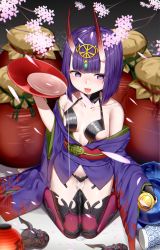 Rule 34 | 1girl, arm up, bare shoulders, blunt bangs, blurry, blurry background, blush, breasts, collarbone, commentary request, cup, depth of field, fangs, fate/grand order, fate (series), flower, headpiece, highres, holding, horns, japanese clothes, kimono, long sleeves, looking at viewer, off shoulder, oni, petals, pink flower, pouring, purple eyes, purple hair, purple kimono, red thighhighs, revealing clothes, sakazuki, short hair, shuten douji (fate), sitting, skin-covered horns, small breasts, solo, suzuharu toufu, thighhighs, tongue, tongue out, wariza, wide sleeves