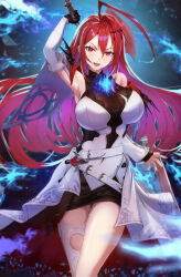 Rule 34 | 1girl, ahoge, alulunkiruto, black skirt, blue fire, breasts, dress, elizabeth rose bloodflame, fire, gloves, greatsword, highres, hololive, hololive english, huge ahoge, large breasts, long hair, looking at viewer, open mouth, red eyes, red hair, red nails, skirt, smile, solo, sword, thighs, thorn (elizabeth rose bloodflame), very long hair, virtual youtuber, weapon, white dress