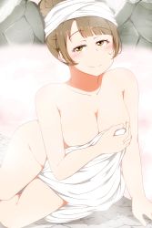 Rule 34 | 1girl, blush, breasts, brown eyes, cleavage, closed mouth, feitonokesin, female focus, grey hair, half-closed eyes, highres, large breasts, long hair, looking at viewer, love live!, love live! school idol project, minami kotori, naked towel, smile, solo, towel, towel on head