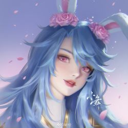 Rule 34 | 1girl, animal ears, blue hair, collar, douluo dalu, fantuan ling yabai hu zhao yu, flower, from below, hair flower, hair ornament, highres, long hair, looking at viewer, official alternate hair color, parted lips, pink eyes, portrait, rabbit ears, second-party source, solo, teeth, xiao wu (douluo dalu)