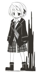 Rule 34 | 1girl, ankle boots, boots, collared shirt, cosplay, cosplay request, full body, greyscale, hair ribbon, jacket, jagabutter, looking down, monochrome, necktie, plaid, plaid shorts, ribbon, rumia, shirt, short hair, shorts, simple background, sleeves past wrists, solo, standing, suit jacket, touhou, white background