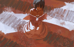 Rule 34 | 1girl, animal, bare shoulders, bird, black eyes, black hair, bob cut, dove, dress, female focus, from above, grass, halo, holding, holding animal, looking at viewer, open mouth, original, others (gogo-o), shadow, solo, sundress, teeth, white dress
