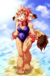 Rule 34 | 1girl, artist request, bracelet, breasts, brown hair, collar, dog, furry, furry female, goggles, goggles on head, highres, jewelry, ken to mahou to gakuen mono, outdoors, school swimsuit, short hair, solo, swimsuit, tail, yellow eyes