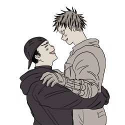 Rule 34 | 2boys, aikawa (dorohedoro), artist request, black hair, blonde hair, blush, carrying, carrying person, closed eyes, colored tips, couple, dorohedoro, facial mark, from side, gloves, happy, hood, hoodie, looking at another, male focus, multicolored hair, multiple boys, no eyebrows, profile, risu (dorohedoro), thick eyebrows, yaoi
