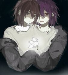 Rule 34 | 2boys, black jacket, brown eyes, brown hair, chinese commentary, closed mouth, commentary request, conjoined, hair between eyes, hood, hood down, hooded jacket, isoi haruki, jacket, long sleeves, male focus, multiple boys, off shoulder, open clothes, open jacket, open mouth, origin alpha, purple hair, red eyes, saibou shinkyoku, sanzhuangdaoju, shirt, short hair, smile, white shirt