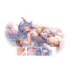 Rule 34 | 1boy, alpha transparency, animal ears, blue hair, blush, bow, breasts, catura (granblue fantasy), cow, cow ears, draph, gauntlets, gradient hair, gran (granblue fantasy), granblue fantasy, hair bow, hand on own chest, horns, large breasts, long hair, looking at viewer, lying, minaba hideo, multicolored hair, official art, on back, parted lips, pointy ears, purple hair, shorts, simple background, smile, solo focus, strap slip, transparent background, two-tone hair, whispering