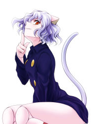 Rule 34 | 1girl, animal ears, cat ears, cat tail, finger to mouth, highres, hunter x hunter, neferpitou, no pants, short hair, simple background, smile, solo, tail, watarui, white background, white hair