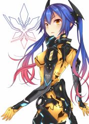 Rule 34 | armor, arms at sides, blue hair, bodysuit, clothes writing, cowboy shot, faulds, from side, glowing, gorget, gradient hair, hair between eyes, highres, legs together, long hair, multicolored hair, neon trim, pauldrons, phantasy star, phantasy star online 2, quna (pso2), shoulder armor, simple background, skin tight, solo, standing, take (s-wab), twintails, v-shaped eyebrows, white background, yellow bodysuit, zelsius