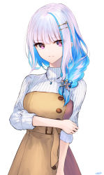 Rule 34 | 1girl, blue hair, braid, breasts, brown dress, closed mouth, dress, hair ornament, hair over shoulder, hairclip, highres, jazztaki, jewelry, lize helesta, long sleeves, looking at viewer, medium breasts, multicolored hair, nijisanji, pendant, purple eyes, ribbed sweater, signature, silver hair, simple background, single braid, single hair intake, smile, solo, sweater, turtleneck, turtleneck sweater, two-tone hair, virtual youtuber, white background, white sweater