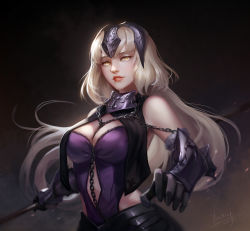 Rule 34 | armor, armored dress, black background, breasts, chain, cleavage, commentary, fate/grand order, fate (series), gauntlets, headpiece, highres, jeanne d&#039;arc (fate), jeanne d&#039;arc alter (avenger) (fate), jeanne d&#039;arc alter (fate), lalazyt, large breasts, short hair, signature, silver hair, solo, sword, tsurime, weapon, yellow eyes