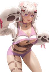 Rule 34 | 1girl, :d, absurdres, animal ears, animal hands, blush, breasts, choker, cleavage, cowboy shot, crop top, ear piercing, gloves, hair between eyes, hair ornament, hairclip, highres, indie virtual youtuber, large breasts, long hair, looking at viewer, minttchocok, multicolored hair, open mouth, paw gloves, paw hair ornament, piercing, pink hair, purple choker, purple eyes, purple hair, silver hair, simple background, smile, solo, standing, streaked hair, thigh strap, underboob, virtual youtuber, white background, x hair ornament, xiho (vtuber)