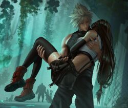 Rule 34 | 3boys, 3girls, absurdres, aerith gainsborough, baggy pants, bare arms, bare shoulders, barret wallace, black gloves, black hair, black skirt, black sports bra, black thighhighs, blonde hair, blurry, blurry background, boots, breasts, cait sith (ff7), carrying, closed mouth, cloud strife, commentary, cowboy shot, crop top, elbow gloves, english commentary, final fantasy, final fantasy vii, final fantasy vii rebirth, final fantasy vii remake, full body, gloves, highres, large breasts, long hair, looking at another, low-tied long hair, midriff, multiple boys, multiple girls, outdoors, pants, princess carry, red footwear, red xiii, ribbed sweater, safaia, short hair, silhouette, skirt, sleeveless, sleeveless turtleneck, spiked hair, sports bra, standing, suspender skirt, suspenders, sweater, tank top, tears, thighhighs, tifa lockhart, turtleneck, turtleneck sweater, wet, wet clothes, wet hair, white tank top, yuffie kisaragi, zettai ryouiki