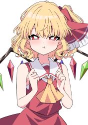 Rule 34 | 1girl, :t, absurdres, adapted costume, ascot, blonde hair, closed mouth, commentary request, crystal, flandre scarlet, hair ribbon, highres, looking at viewer, pout, red eyes, red ribbon, ribbon, short hair, side ponytail, simple background, sleeveless, solo, touhou, tsukimirin, white background, wings, yellow ascot