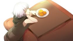 Rule 34 | 1girl, black sweater, breasts, echo (circa), fate/grand order, fate (series), food, fruit, grey hair, hood, hooded sweater, jeanne d&#039;arc alter (avenger) (fate), jeanne d&#039;arc alter (fate), kotatsu, large breasts, looking at viewer, mandarin orange, open mouth, short hair, sleeveless, sleeveless sweater, solo, sweater, table, yellow eyes