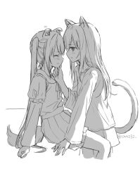 Rule 34 | 2girls, animal ear fluff, animal ears, anz32, blush, cat ears, cat girl, cat tail, closed eyes, closed mouth, commentary request, cropped legs, dog ears, dog girl, dog tail, ears down, greyscale, layered sleeves, long hair, long sleeves, monochrome, multiple girls, original, parted lips, pleated skirt, puffy short sleeves, puffy sleeves, sailor collar, school uniform, serafuku, shirt, short over long sleeves, short sleeves, simple background, sketch, skirt, tail, twintails, twitter username, very long hair, wavy mouth, white background, yuri