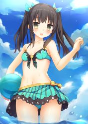 Rule 34 | 1girl, :d, aqua bikini, aqua ribbon, bad id, bad pixiv id, ball, bare arms, bare shoulders, beachball, bikini, bikini skirt, black hair, blue sky, blush, bow, breasts, cloud, cloudy sky, collarbone, commentary request, cowboy shot, day, flower, front-tie bikini top, front-tie top, green eyes, hair ribbon, halterneck, holding, holding ball, long hair, looking at viewer, navel, ocean, open mouth, original, outdoors, ribbon, sidelocks, sky, small breasts, smile, solo, standing, striped bikini, striped clothes, sunlight, swimsuit, twintails, usagino suzu, vertical-striped bikini, vertical-striped clothes, wading, water drop, wet, yellow bow