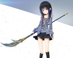Rule 34 | 1girl, absurdres, black shirt, black skirt, black socks, blue eyes, blush, collarbone, commentary request, frown, grey background, guan dao, highres, holding, holding weapon, jacket, kneehighs, long hair, long sleeves, looking at viewer, original, polearm, sakazakinchan, shirt, simple background, skirt, socks, solo, striped clothes, striped shirt, two-tone background, weapon, white background, white shirt