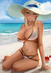 Rule 34 | 1girl, ahoge, aqua eyes, arm support, artoria pendragon (fate), artoria pendragon (lancer) (fate), bare shoulders, barefoot, beach, bikini, blue sky, braid, breasts, breasts squeezed together, cleavage, cleavage cutout, closed mouth, clothing cutout, cloud, collarbone, crab, day, fate/grand order, fate (series), french braid, green eyes, hair between eyes, hair through headwear, hat, highres, large breasts, looking at viewer, multi-strapped bikini, navel, ocean, outdoors, sidelocks, sitting, skindentation, sky, smile, solo, stomach, sun hat, swept bangs, swimsuit, thighs, white bikini, white hat, yamaneko (tkdrumsco), yokozuwari