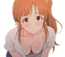 Rule 34 | 1girl, absurdres, akizuki ritsuko, blush, breasts, cleavage, closed mouth, collarbone, commentary request, downblouse, hair ornament, hair scrunchie, highres, idolmaster, leaning forward, long hair, looking at viewer, medium breasts, orange hair, scrunchie, shirt, short sleeves, side ponytail, simple background, solo, sweat, tengu (tetuo kun), white background, white shirt, yellow scrunchie