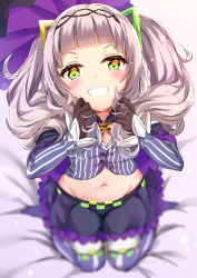 Rule 34 | 1girl, blunt bangs, blurry, blurry background, blush, buttons, capelet, clenched teeth, commentary request, crop top, from above, gloves, grin, groin, hair ornament, hat, highres, holding, holding own hair, hololive, kneeling, long hair, looking at viewer, midriff, murasaki shion, murasaki shion (1st costume), navel, pinstripe pattern, pinstripe shirt, shirt, silver hair, smile, solo, stomach, striped clothes, striped shirt, teeth, thighhighs, twintails, vertical-striped clothes, vertical-striped shirt, virtual youtuber, witch hat, yellow eyes, yukishiro arte