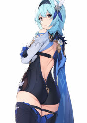 Rule 34 | 1girl, ass, back, back cutout, black shorts, black thighhighs, blue hair, breasts, brown eyes, closed mouth, clothing cutout, cowboy shot, crossed arms, eula (genshin impact), from behind, genshin impact, hair ornament, hairband, highres, long hair, long sleeves, looking at viewer, looking back, pak ce, short shorts, shorts, shoulder blades, shoulder cutout, sideboob, simple background, solo, thighhighs, thighs, white background