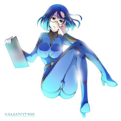 Rule 34 | 10s, 1girl, ass, blue hair, bodysuit, breasts, clipboard, copyright name, glasses, hair ornament, hairclip, looking at viewer, niimi kaoru, simple background, skin tight, smile, solo, uchuu senkan yamato, uchuu senkan yamato 2199, uniform