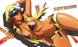 Rule 34 | 00s, 10s, 1girl, animal print, arm up, armpits, bare shoulders, belt, bikini, bikini top only, bikini under clothes, blue bikini, blue eyes, bracelet, breasts, character name, cleavage, contrapposto, cowboy shot, cutoffs, dark-skinned female, dark skin, denim, denim shorts, dutch angle, eyecatch, glint, goggles, goggles on head, hand on headwear, hat, high collar, highres, ikkitousen, ikkitousen xtreme xecutor, jewelry, large breasts, leopard print, light smile, long hair, looking at viewer, lots of jewelry, moukaku (ikkitousen), navel, necklace, official art, open clothes, open fly, open vest, peaked cap, purple eyes, red hair, rin-sin, scan, shadow, short shorts, shorts, sideboob, sidelocks, smile, solo, standing, strap gap, string bikini, swimsuit, swimsuit under clothes, unbuttoned, underboob, unzipped, vest, white background, wide hips