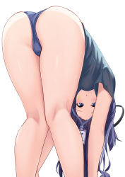 Rule 34 | ass, ass focus, black halo, blue archive, blue panties, blue shirt, blush, dark halo, halo, highres, id card, idol, long hair, looking at viewer, milkshakework, panties, purple eyes, purple hair, shirt, simple background, star sticker, sticker, thighs, underwear, white background, yuuka (blue archive), yuuka (track) (blue archive)