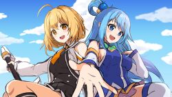 2girls :d ahoge aqua_(konosuba) back-to-back black_shirt black_skirt blonde_hair blue_eyes blue_hair blue_shirt blue_sky blush breasts cloud commentary_request crossover day detached_sleeves hair_bobbles hair_ornament hand_on_own_chest haru_estia highres holding holding_sword holding_weapon jacket kono_subarashii_sekai_ni_shukufuku_wo! korean_commentary long_hair looking_at_viewer losvje1024 medium_breasts multiple_girls necktie open_mouth orange_eyes orange_necktie outstretched_arm reaching reaching_towards_viewer shirt short_ponytail sitting skirt sky sleeveless sleeveless_shirt smile soulworker sword teeth thighhighs upper_teeth_only weapon white_jacket white_sleeves white_thighhighs