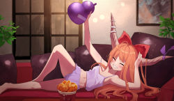 Rule 34 | 1girl, barefoot, blue ribbon, blush, bow, chicken (food), closed eyes, drawing (object), food, gourd, grin, hair bow, highres, holding, horn ornament, horn ribbon, horns, ibuki suika, long hair, navel, oeyama, oni horns, orange hair, red bow, ribbon, smile, solo, touhou, window